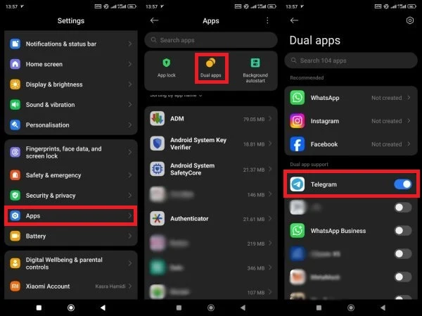 نصب همزمان دو تلگرام قابلیت Dual Apps
