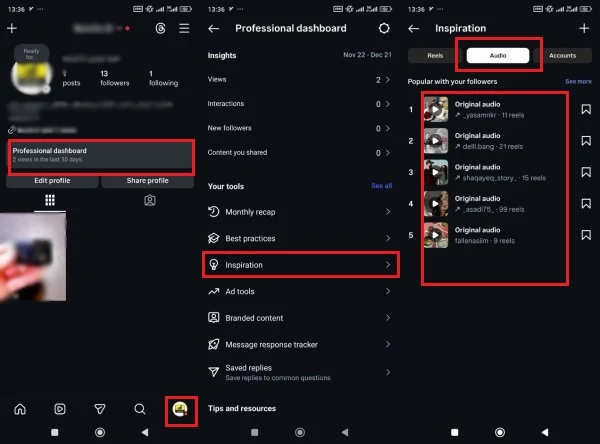 پیدا کردن آهنگ&zwnj; ترند اینستاگرام برای ریلز در Professional Dashboard