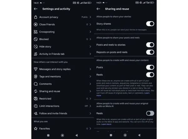 حل مشکل اد استوری اینستاگرام با روشن کردن Allow Sharing