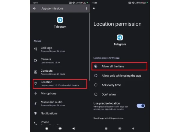 مجوز Location برای تلگرام