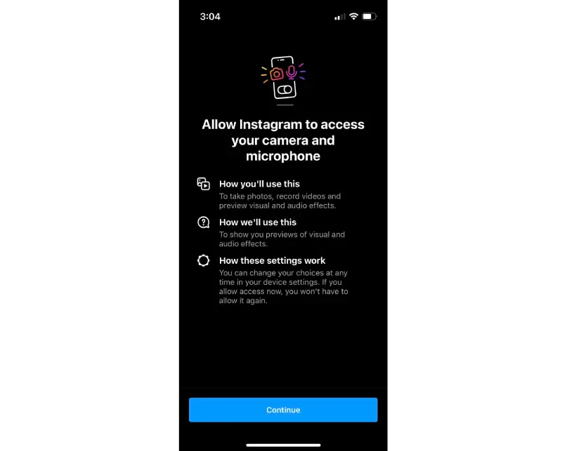 گزینه allow access برای دوربین اینستاگرام
