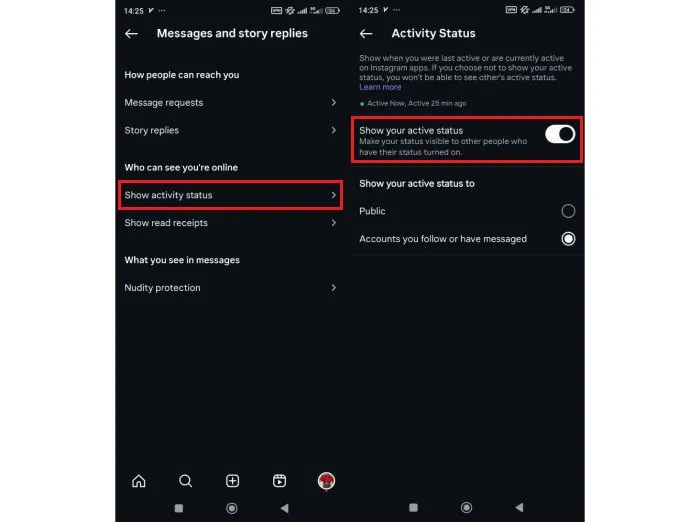 غیر فعال کردن Show activity status