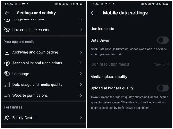 غیرفعال کردن Data Saver  برای رفع مشکل آپلود نشدن پست و استوری اینستاگرام