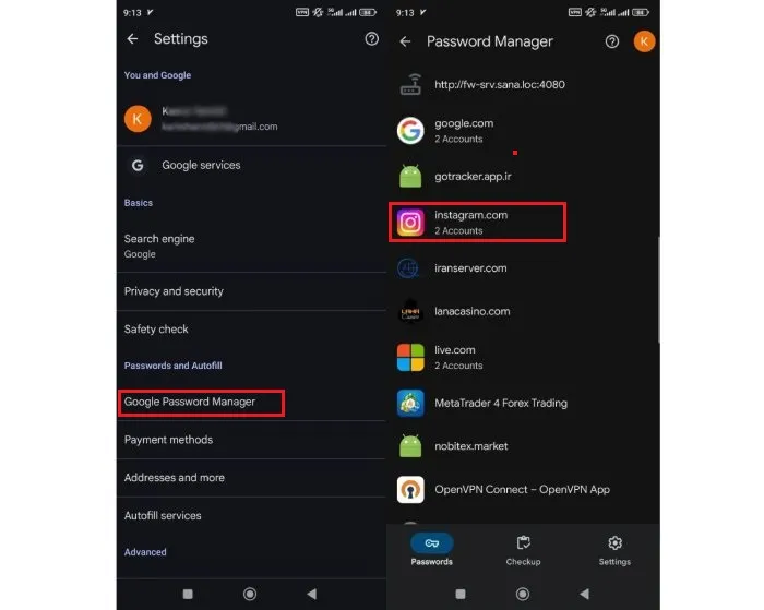 بازیابی رمز اینستاگرام از طریق گوگل