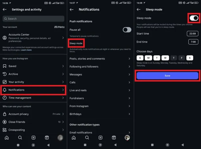 فعال کردن قابلیت Quiet Mode یا Sleep mode در اینستاگرام