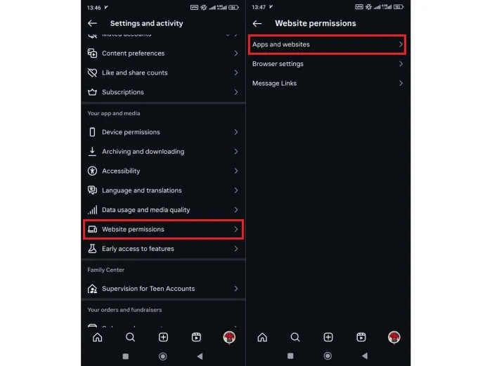 بخش Websites permission